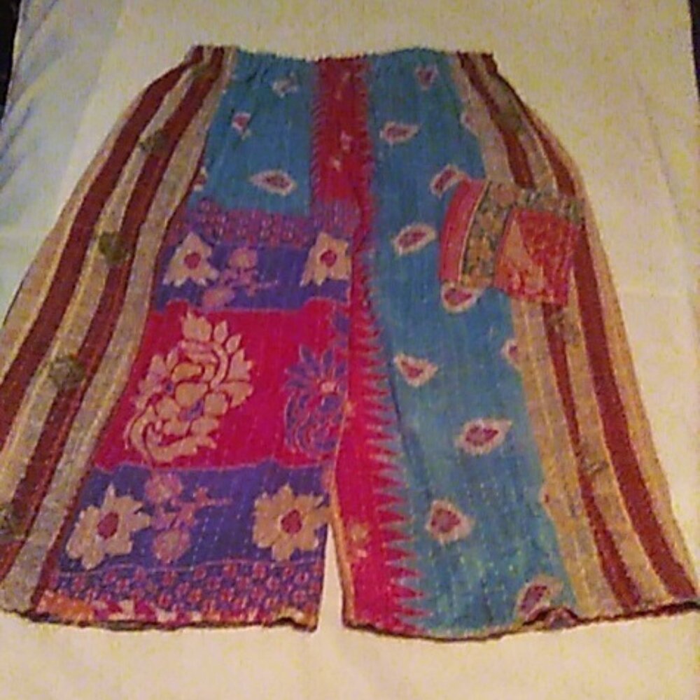 Kantha Patchwork Pants Aqua Red Tan Stripes 2X & Under Elastic Handmade Boho